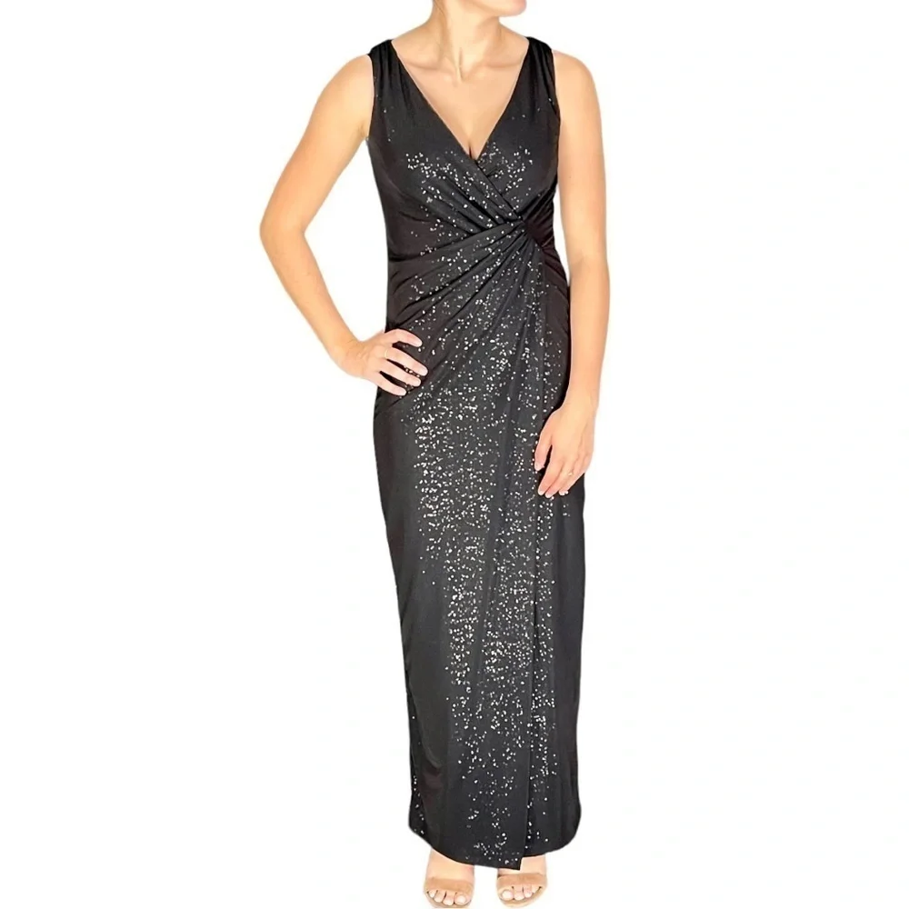 LAUREN RALPH LAUREN EVENING CASCADE SEQUIN COLUMN FAUX WRAP SHEATH GOWN DRESS